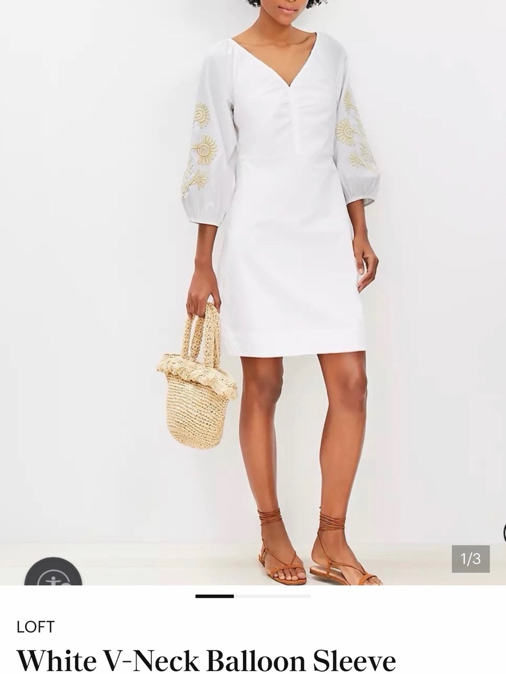 LOFT White V-Neck Balloon Sleeve Dress